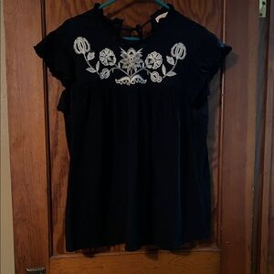 Knox Rose Black Top with White Embroidery